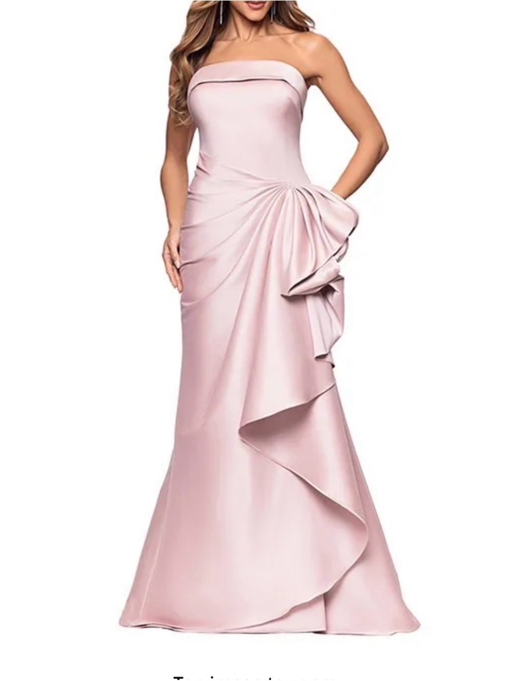 Xscape Strapless Blush Pink Satin Gown with Draped Side Ruffle